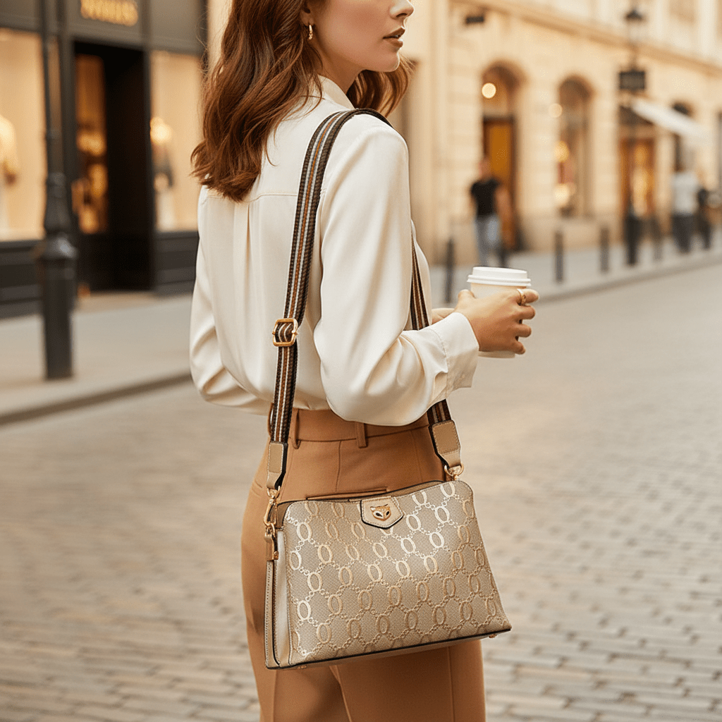 Bolsa Feminina de Couro Premium com Monograma e Alça Ajustável