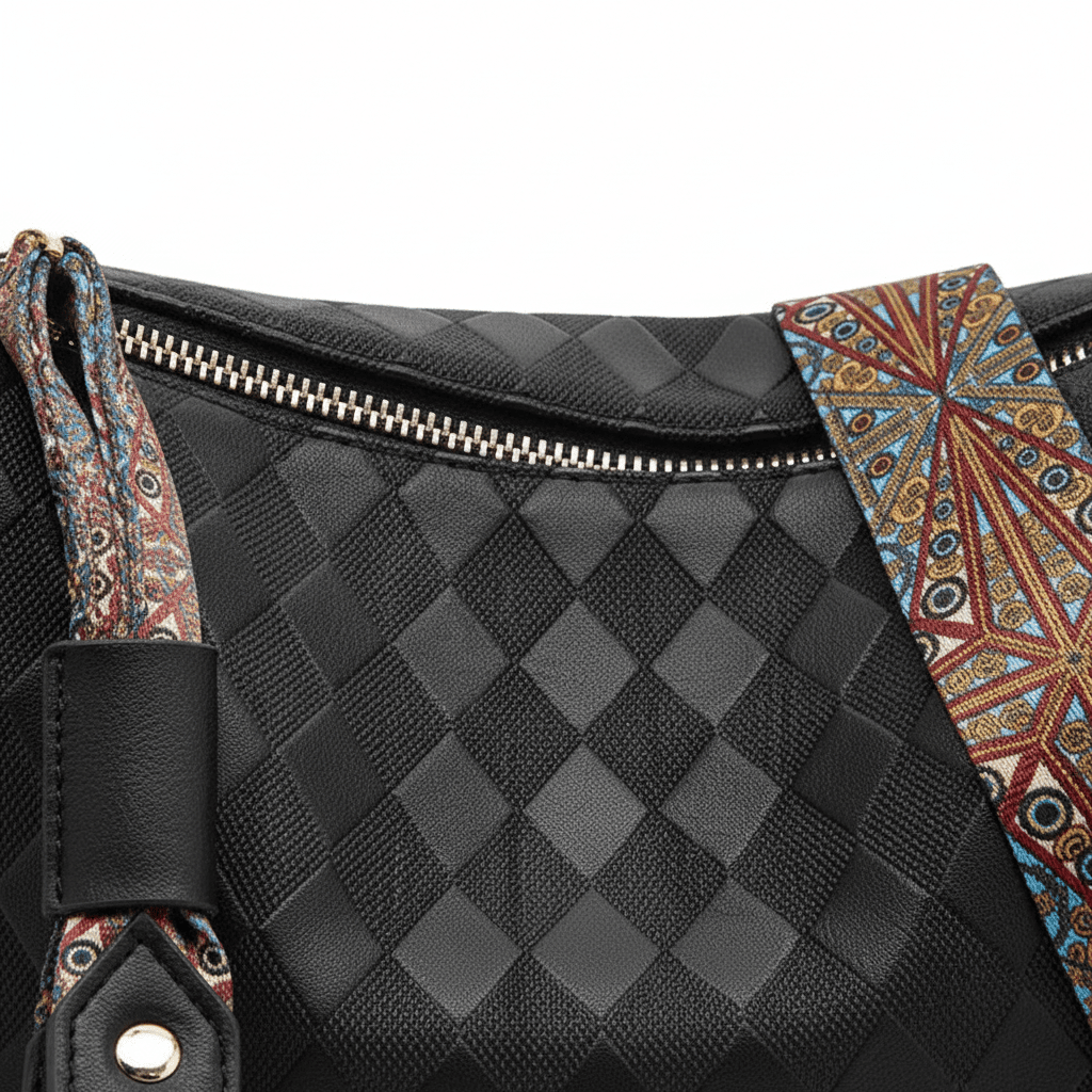 Bolsa Transversal com Estampa Geométrica e Alça Larga Preta