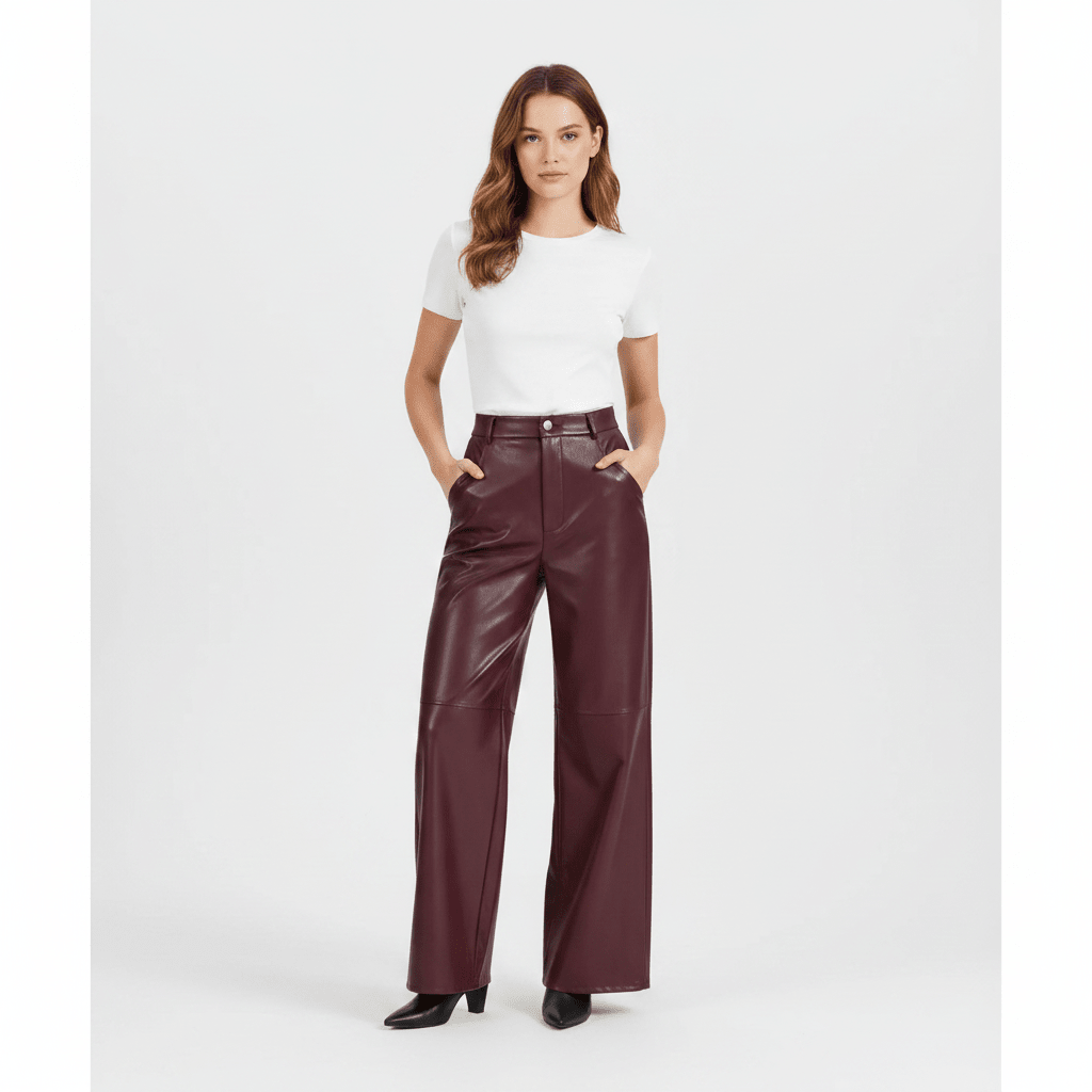Calça Wide Leg em Couro Sintético Feminina de Cintura Alta