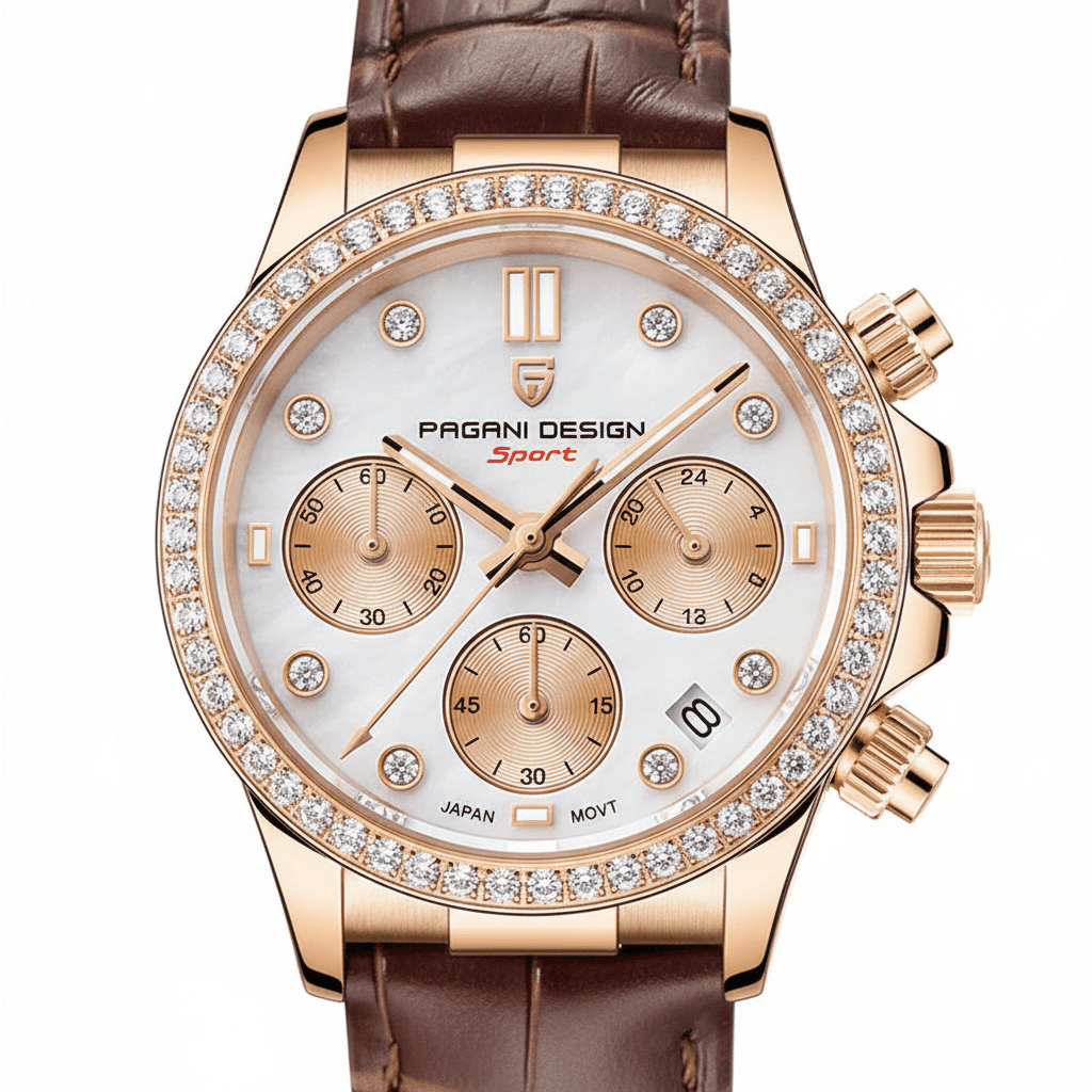 Relógio Pagani Design  Feminino Cronógrafo com Safira e Cristais Gold