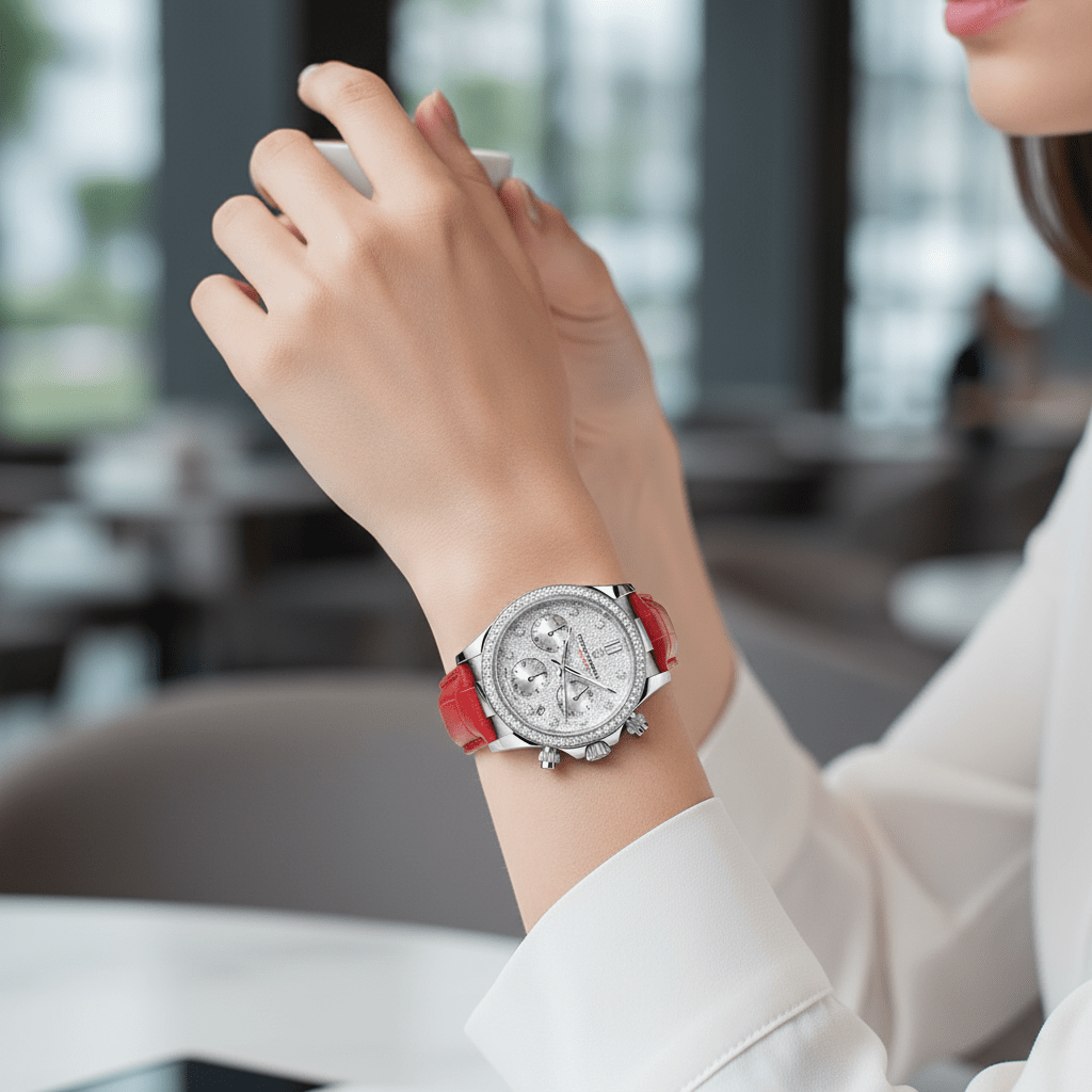 Relógio Pagani Design  Feminino Cronógrafo com Safira e Cristais Red