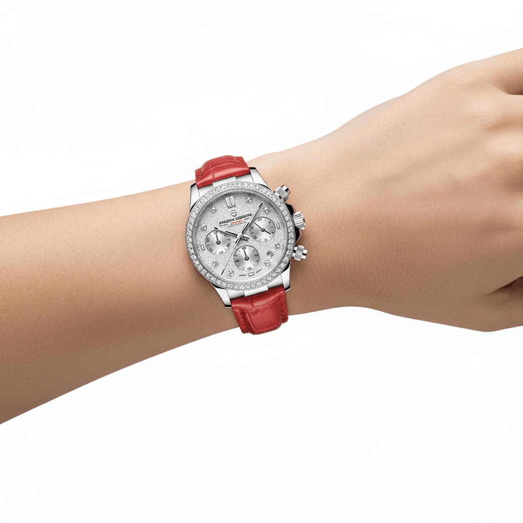 Relógio Pagani Design  Feminino Cronógrafo com Safira e Cristais Red
