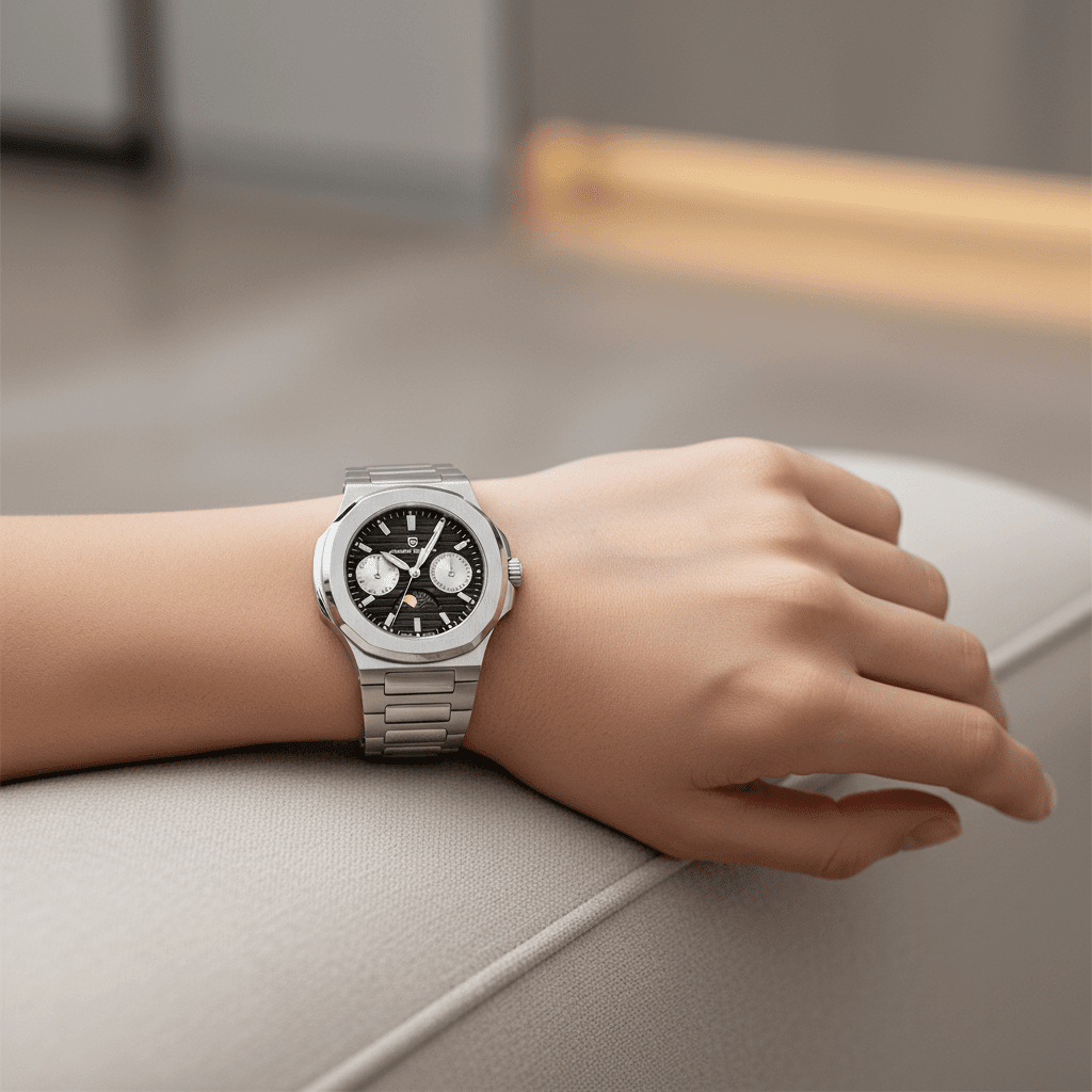Relógio Pagani Design Feminino Fase da Lua e Safira Black