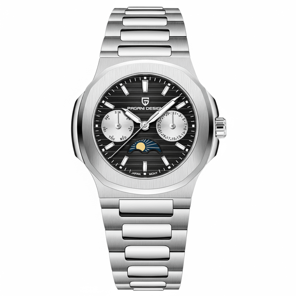 Relógio Pagani Design Feminino Fase da Lua e Safira Black