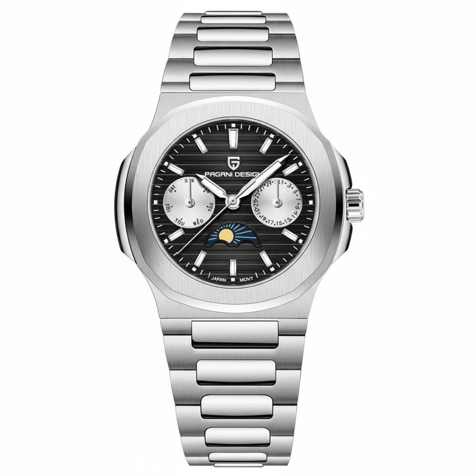 Relógio Pagani Design Feminino Fase da Lua e Safira Black