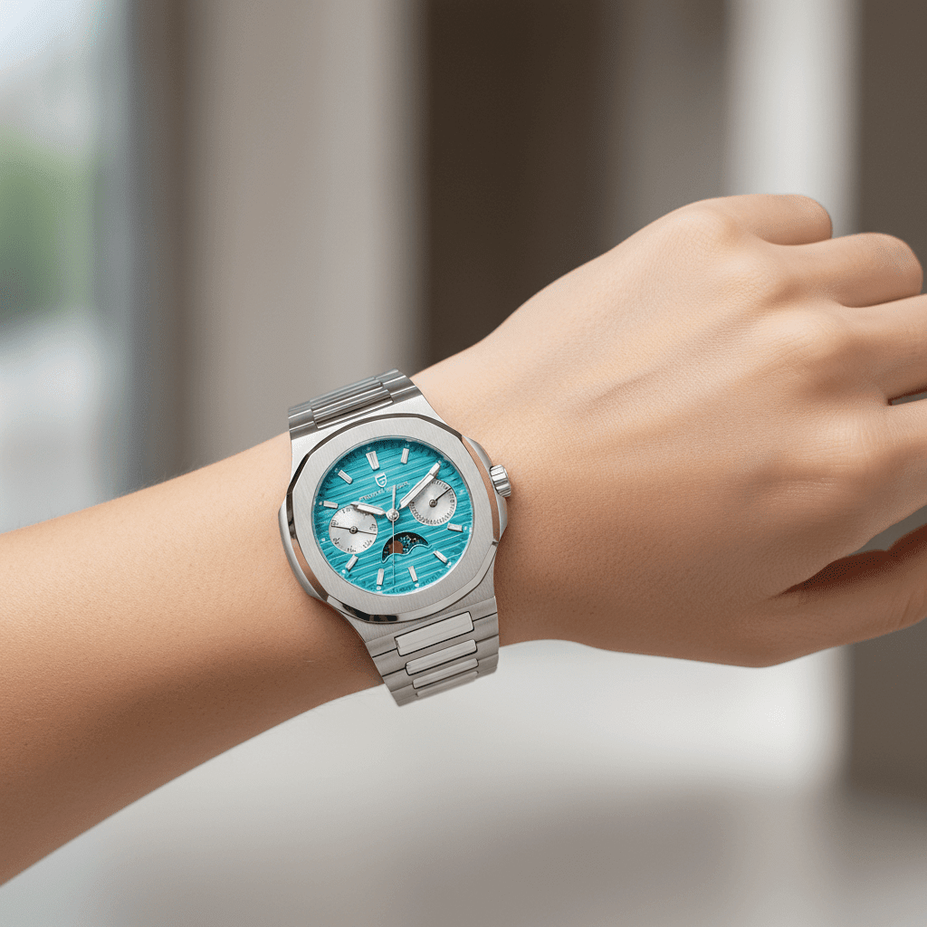 Relógio Pagani Design Feminino Fase da Lua e Safira Ice Blue
