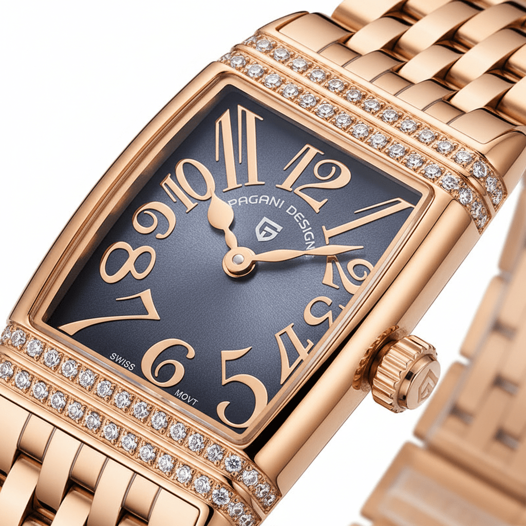 Relógio Pagani Design Feminino Retangular Safira e Cristais Gold Black