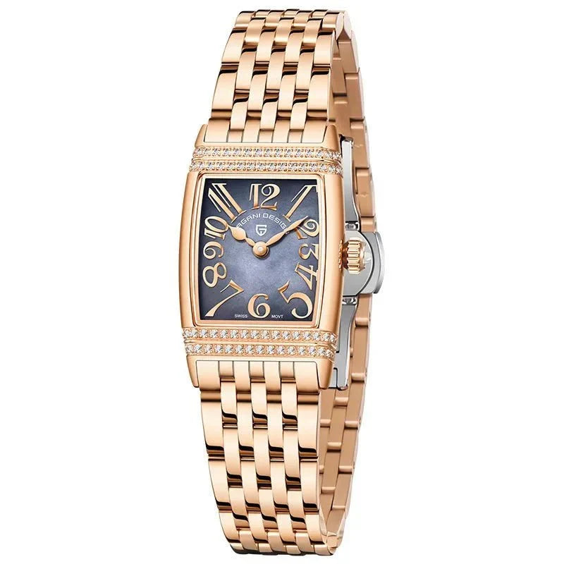 Relógio Pagani Design Feminino Retangular Safira e Cristais Gold Black