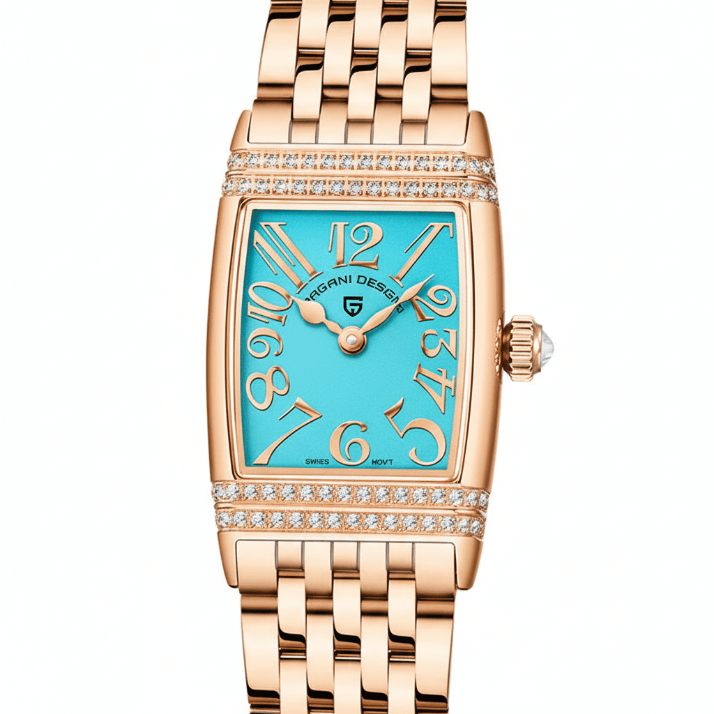 Relógio Pagani Design Feminino Retangular Safira e Cristais Gold Blue
