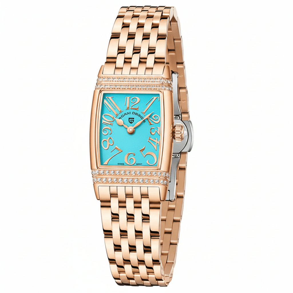 Relógio Pagani Design Feminino Retangular Safira e Cristais Gold Blue