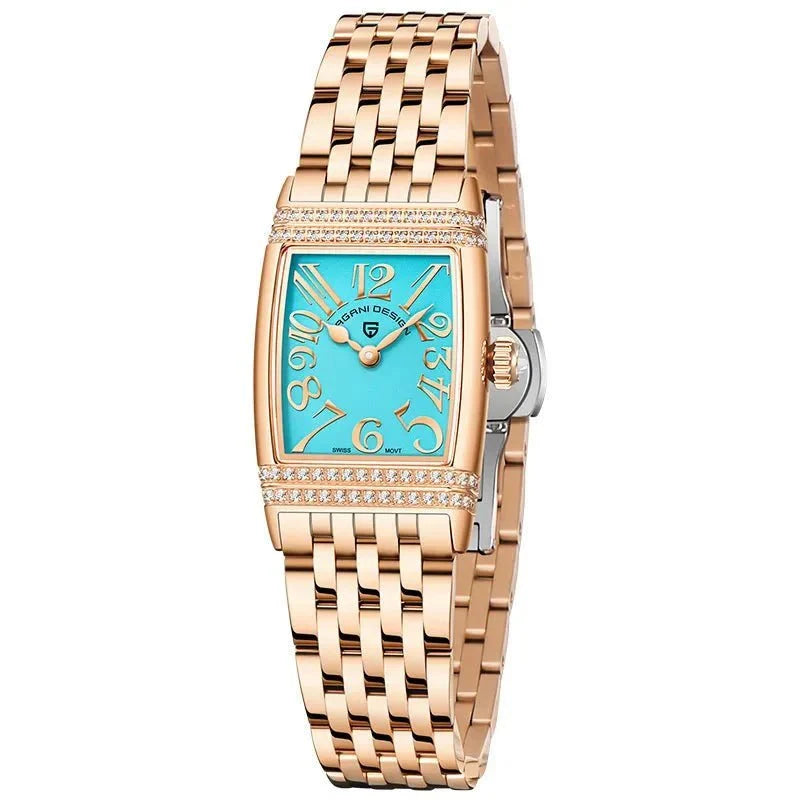 Relógio Pagani Design Feminino Retangular Safira e Cristais Gold Blue