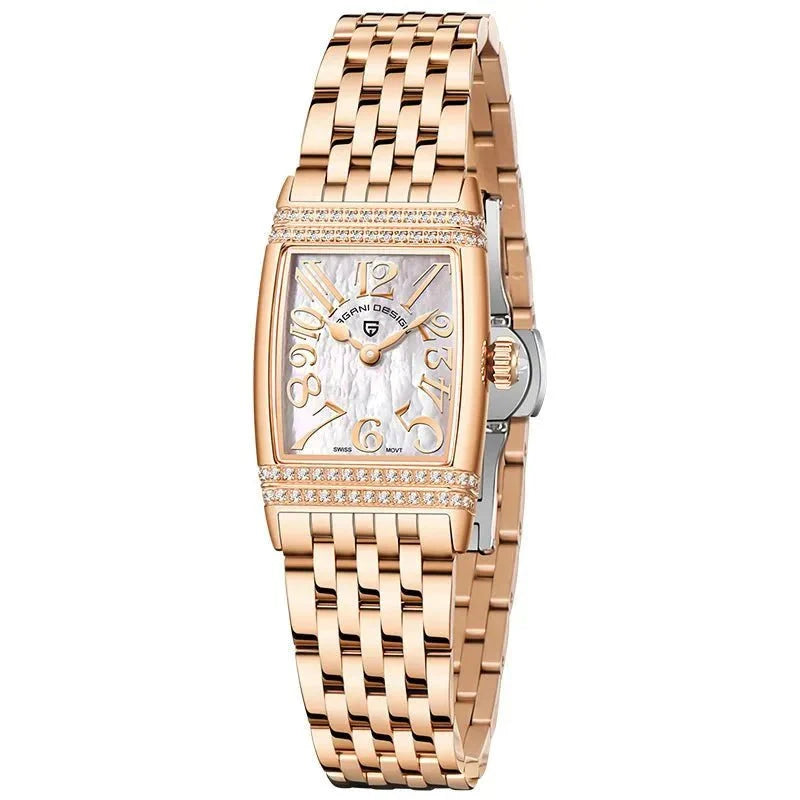 Relógio Pagani Design Feminino Retangular Safira e Cristais Gold White