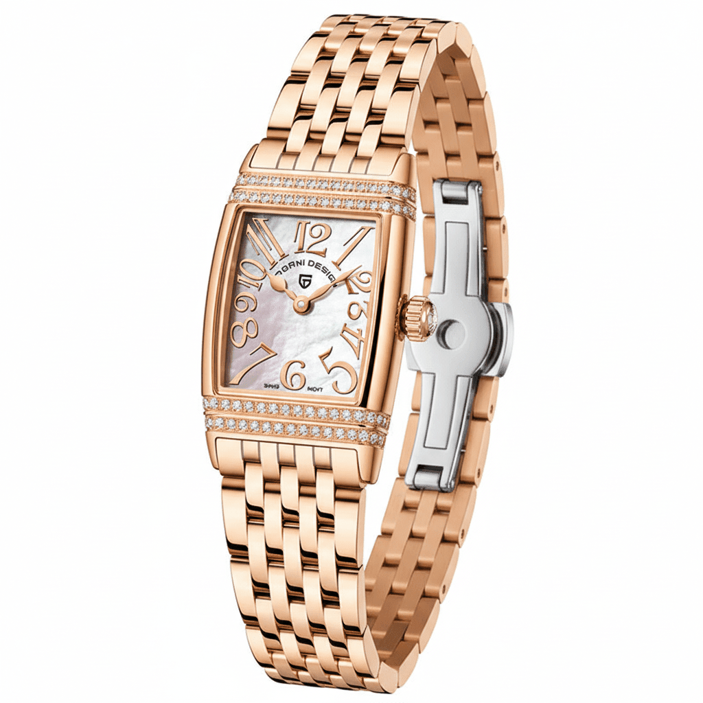 Relógio Pagani Design Feminino Retangular Safira e Cristais Gold White