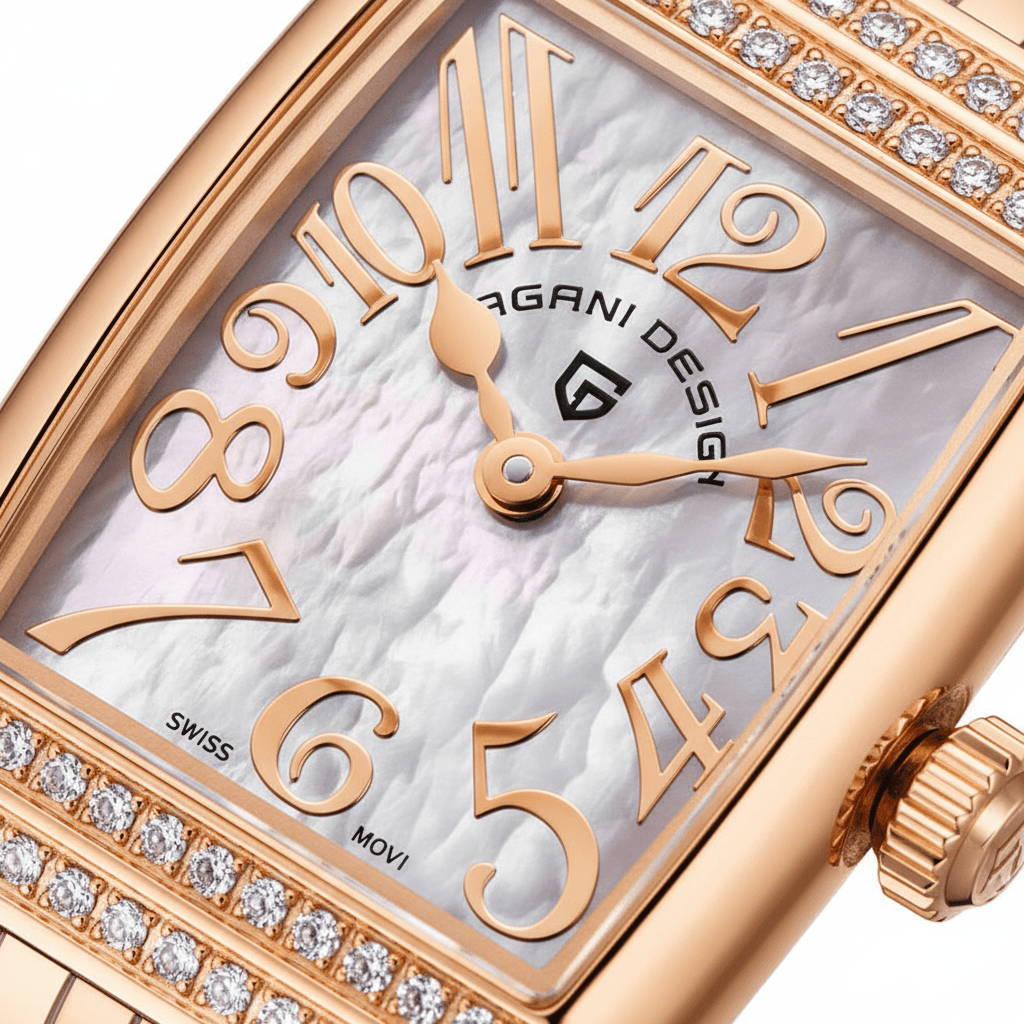 Relógio Pagani Design Feminino Retangular Safira e Cristais Gold White