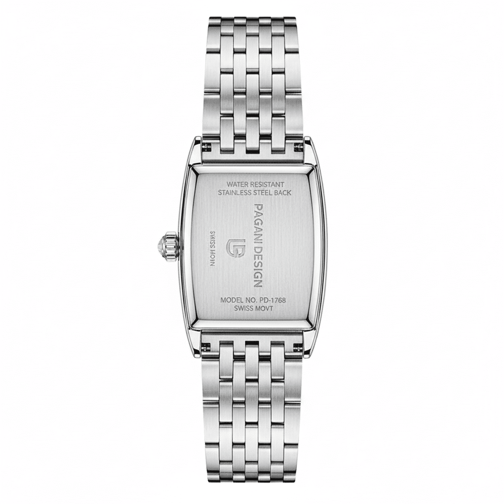 Relógio Pagani Design Feminino Retangular Safira e Cristais Silver Black