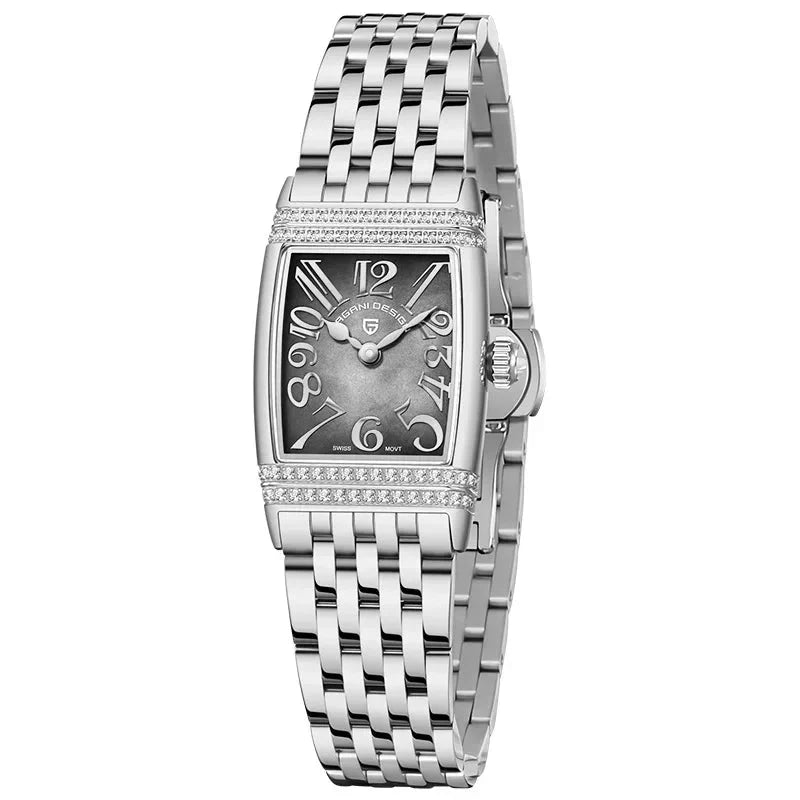 Relógio Pagani Design Feminino Retangular Safira e Cristais Silver Black