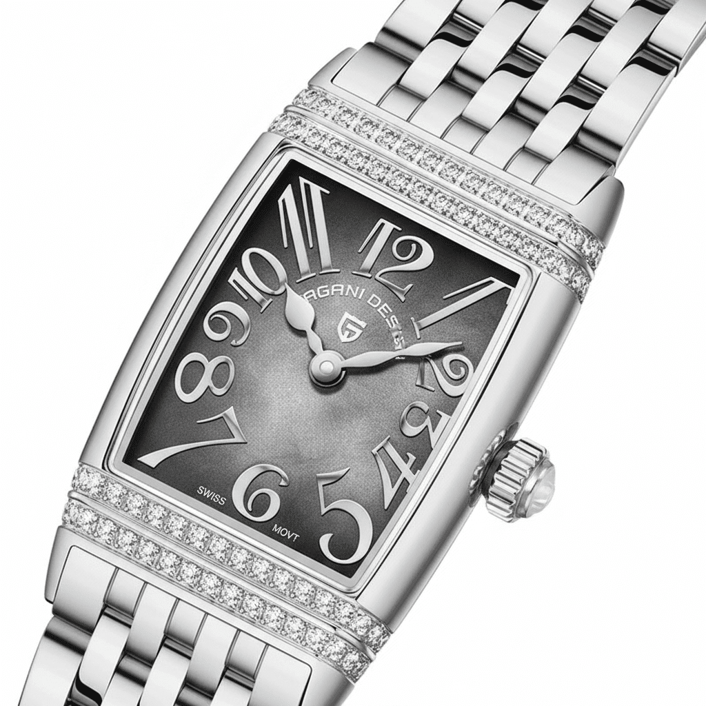Relógio Pagani Design Feminino Retangular Safira e Cristais Silver Black