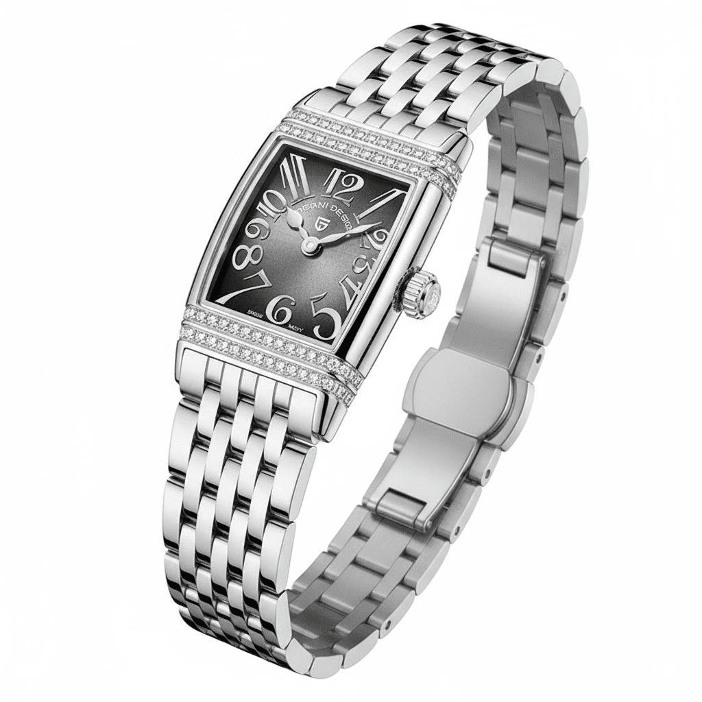 Relógio Pagani Design Feminino Retangular Safira e Cristais Silver Black