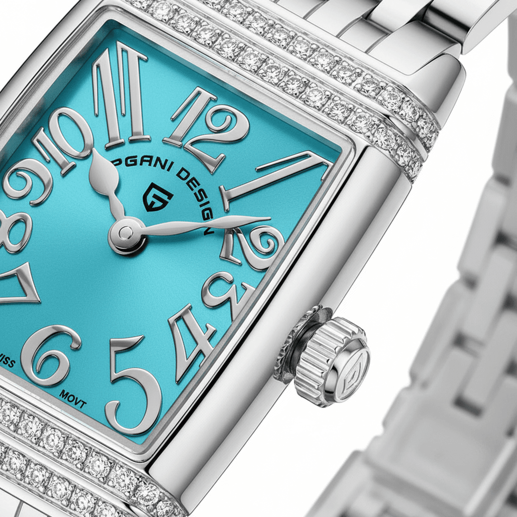 Relógio Pagani Design Feminino Retangular Safira e Cristais Silver Blue