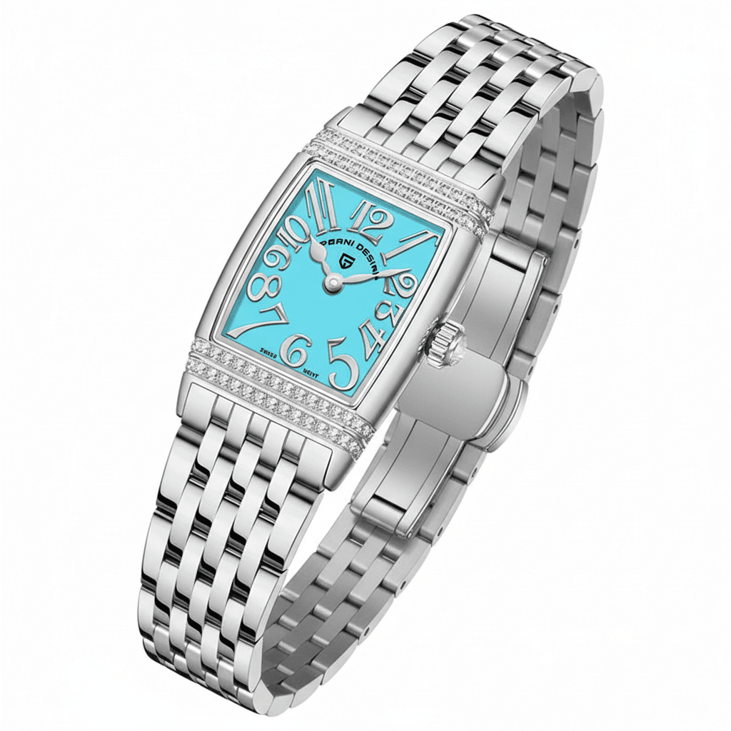 Relógio Pagani Design Feminino Retangular Safira e Cristais Silver Blue