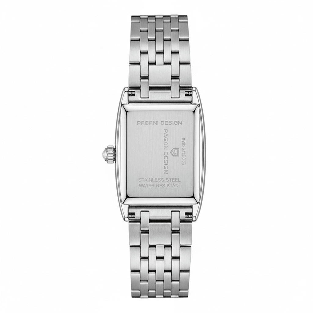 Relógio Pagani Design Feminino Retangular Safira e Cristais Silver Blue