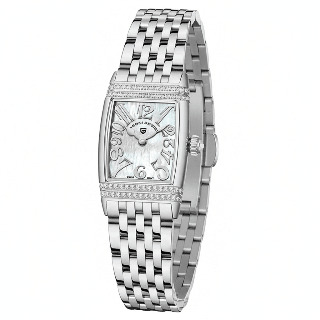 Relógio Pagani Design Feminino Retangular Safira e Cristais Silver Silver White