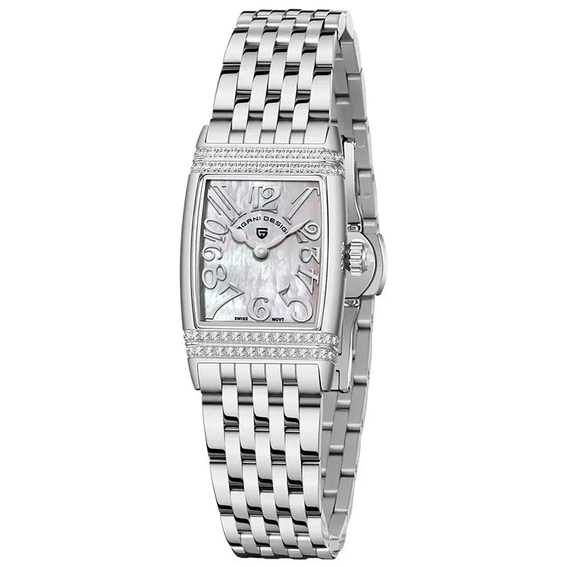 Relógio Pagani Design Feminino Retangular Safira e Cristais Silver Silver White