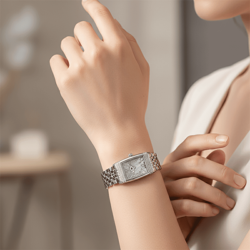 Relógio Pagani Design Feminino Retangular Safira e Cristais Silver Silver White