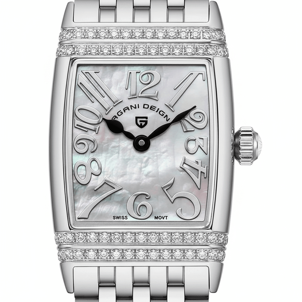 Relógio Pagani Design Feminino Retangular Safira e Cristais Silver Silver White