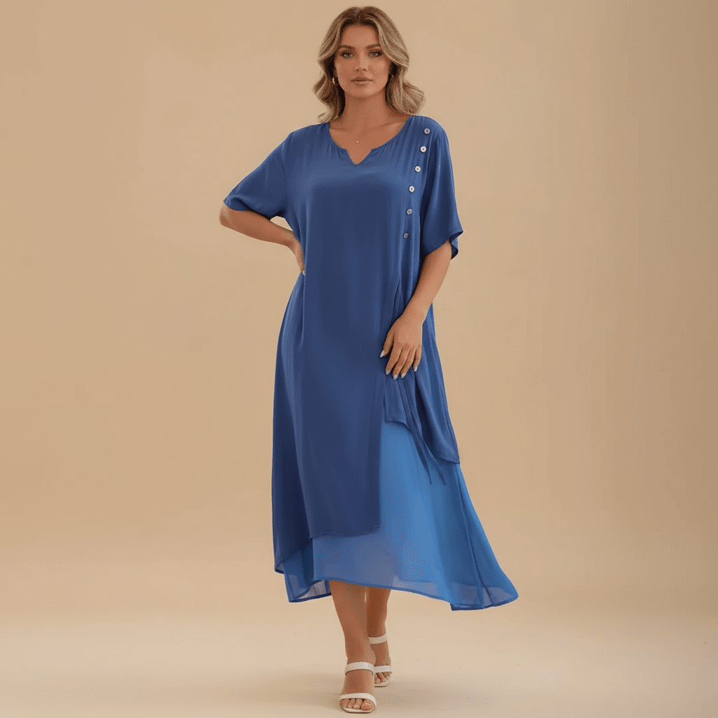 Vestido Feminino Midi em Camadas com Botões.