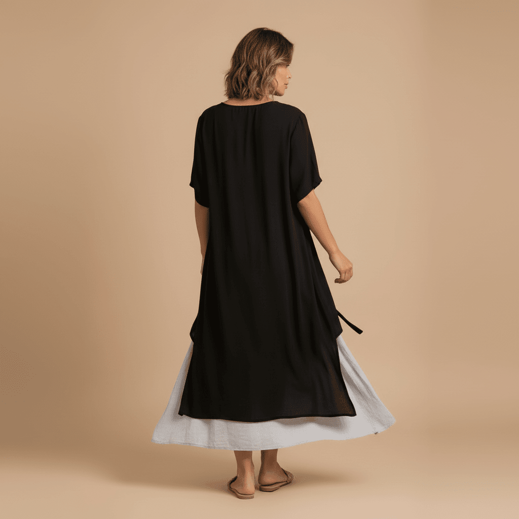 Vestido Feminino Midi em Camadas com Botões.