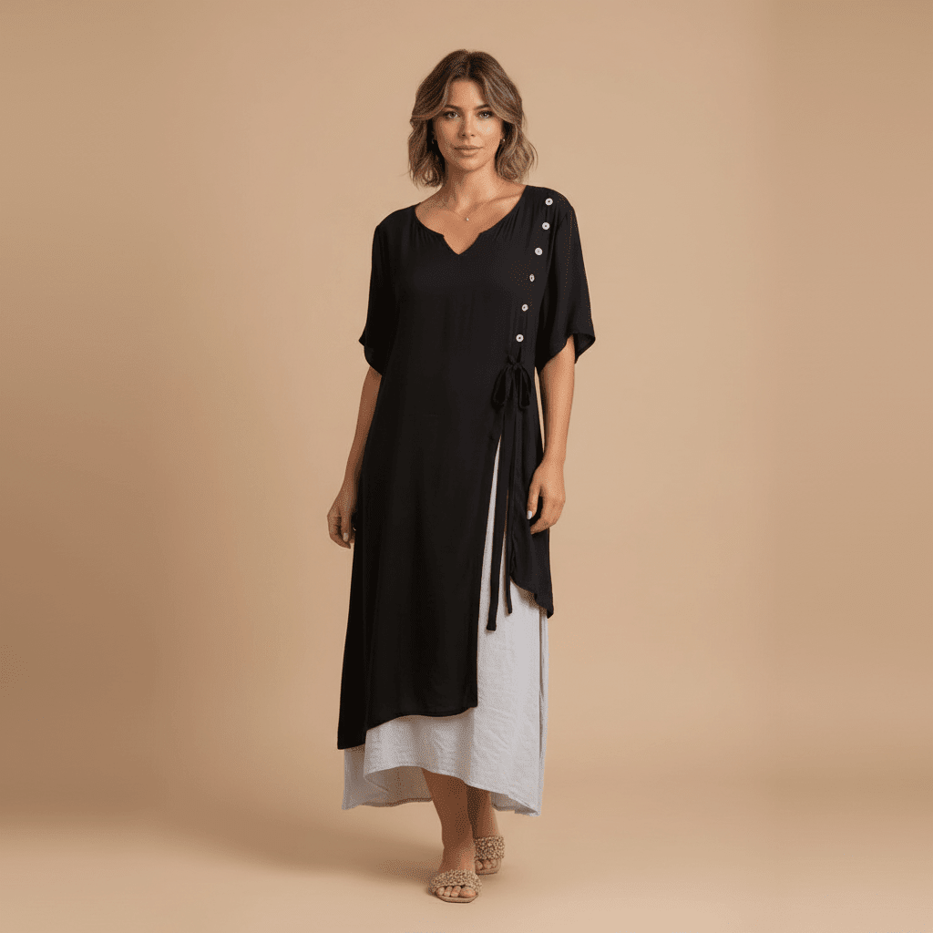 Vestido Feminino Midi em Camadas com Botões.