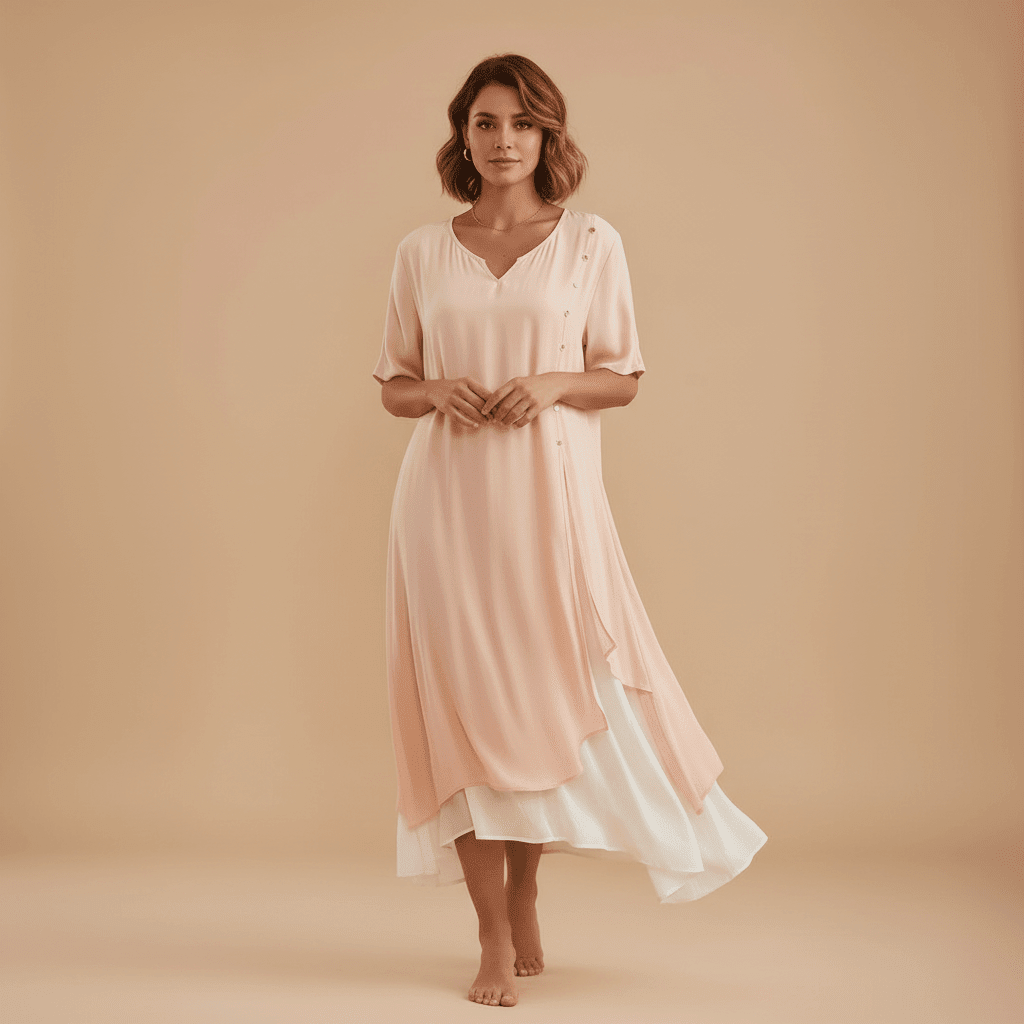 Vestido Feminino Midi em Camadas com Botões.