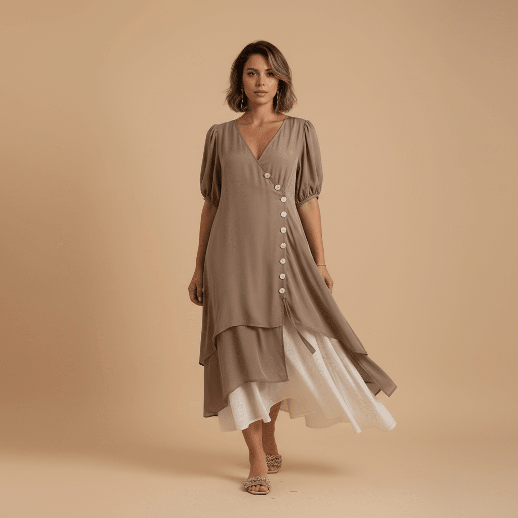Vestido Feminino Midi em Camadas com Botões.