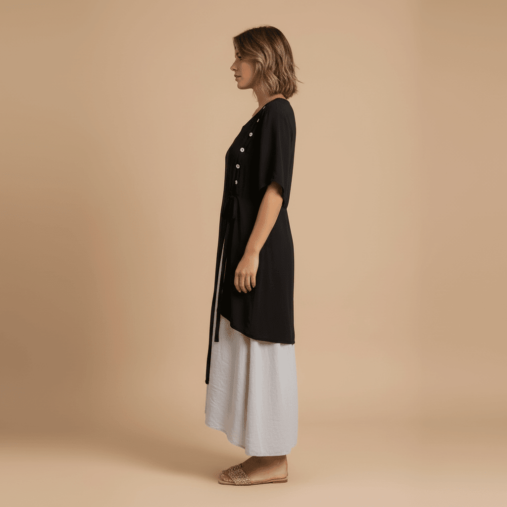 Vestido Feminino Midi em Camadas com Botões.